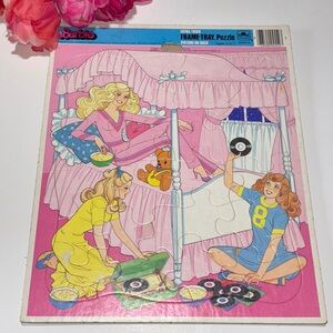 1985 Mattel Extra Thick Frame Tray Puzzle Golden Barbie Sleep over Party Barbie